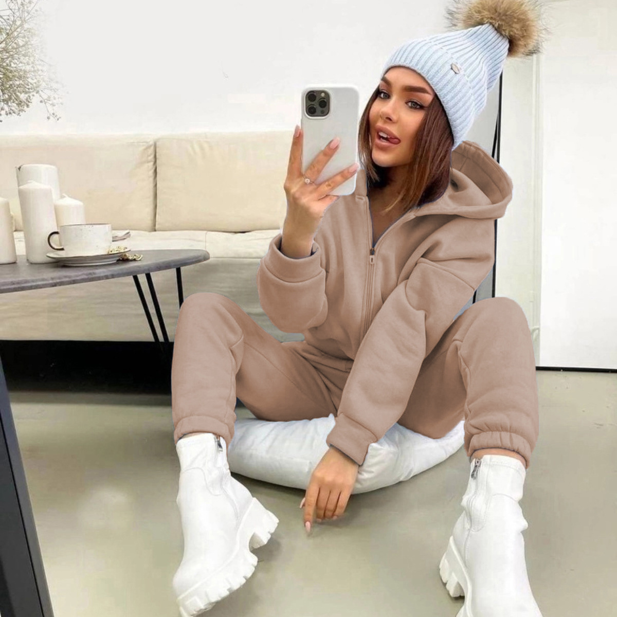 Winter Clothing Kit - Zipper Hooded Coat Pants Sets Women